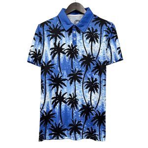 Proud 90 Men's Polo‎ Shirt Golf is Fun Blue/Black Hawaiian Palm Trees Size S euc